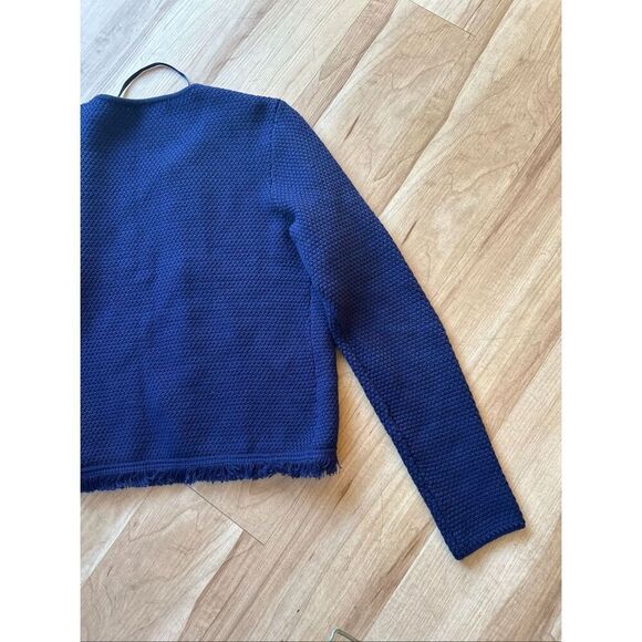 J. McLaughlin Bright Navy Open Front Mayfair Cardigan w Fringe Trim - Picture 7 of 8